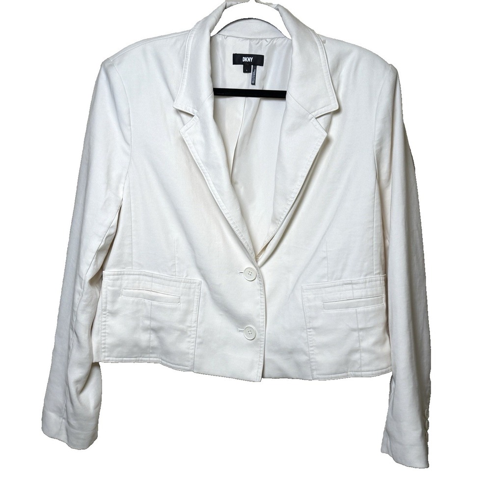 DKNY  White Cropped blazer woman's Large tailored lined career office‎ Jacket